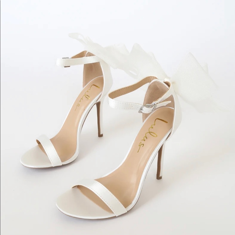 Lulus Ayanna Ivory Satin Bow Ankle Strap High Heel Sandals